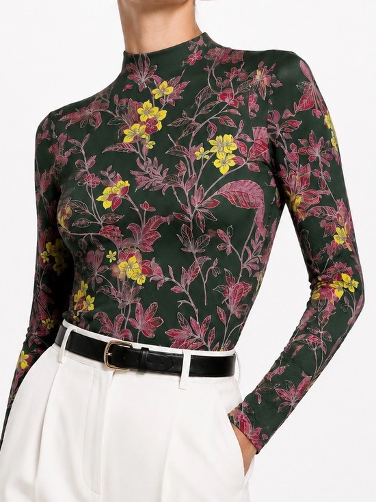 Aritzia Tops - BABATON Aritzia Soft Knit Olive Green & Pink Floral Mock Neck Long Sleeve Top